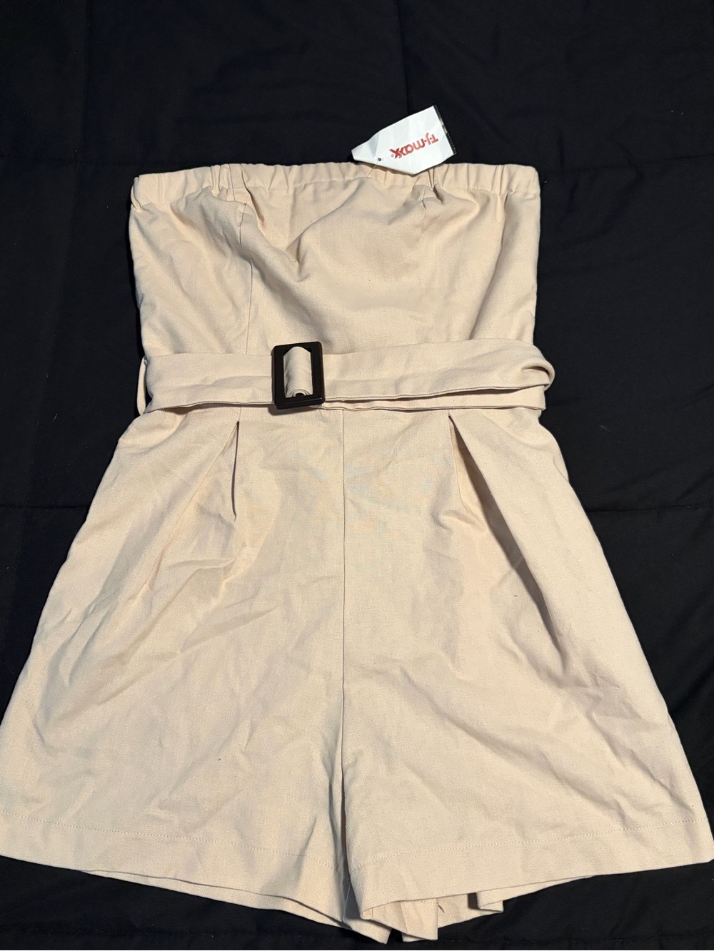 Strapless Belted Romper in Light Beige